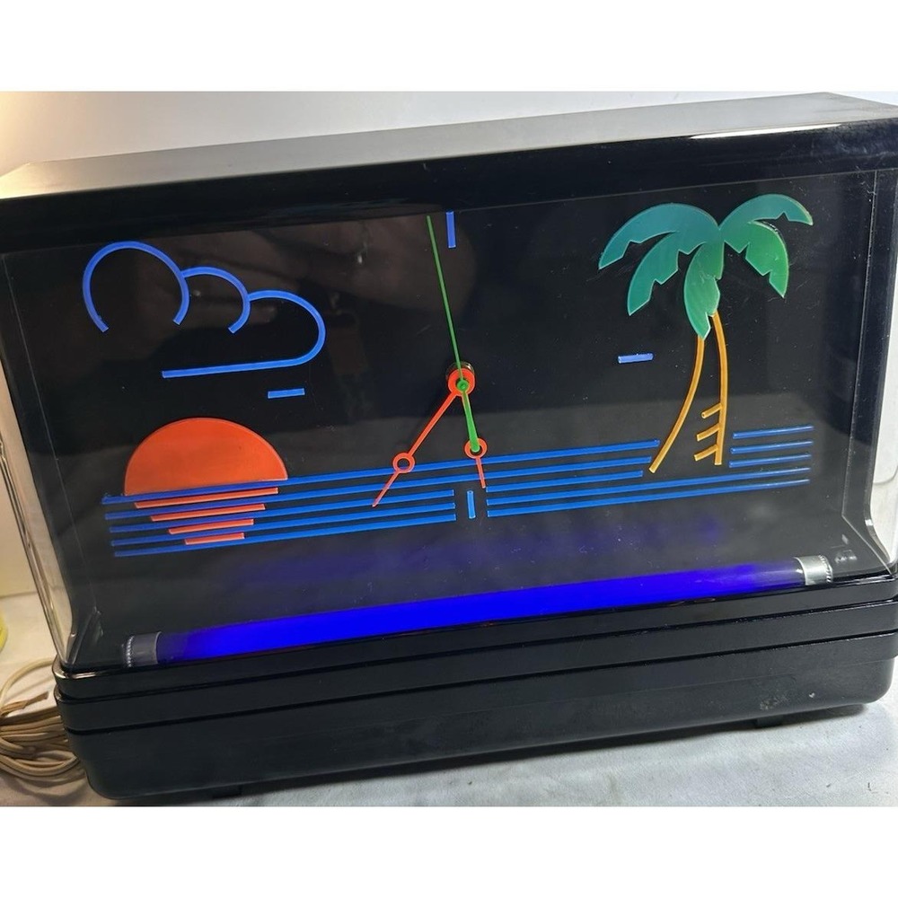 Vintage 1980s Gemini Neon Display Clock Blacklight Sunset Palm Tree Works *VIDEO